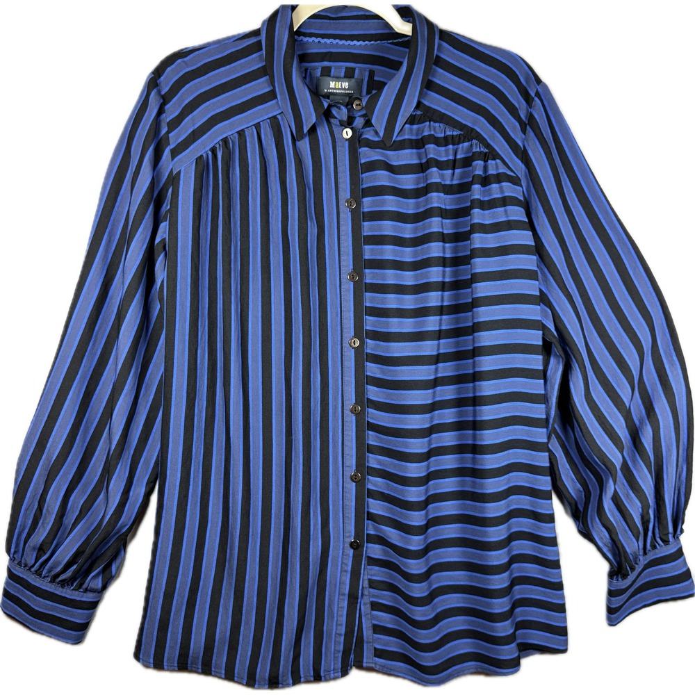 Maeve Anthropologie Button Down Top Women L Blue Striped Long Sleeve Office